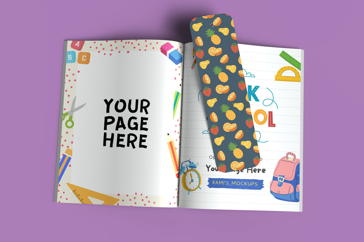 Open 8.5 x 11 book with bookmark mockup - Rami's Design