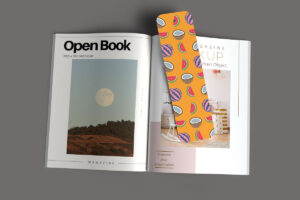 Open 8.5 x 11 book with bookmark mockup