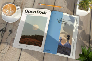 Open book mockup on wooden background