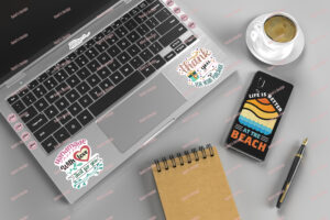 Laptop and phone stickers mockup