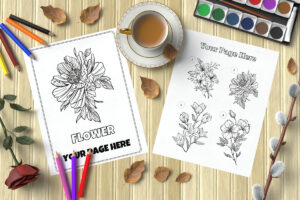 Flowers coloring book pages mockup