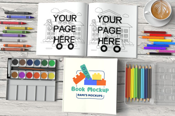 Square coloring book cover and pages mockup PSD and JPG