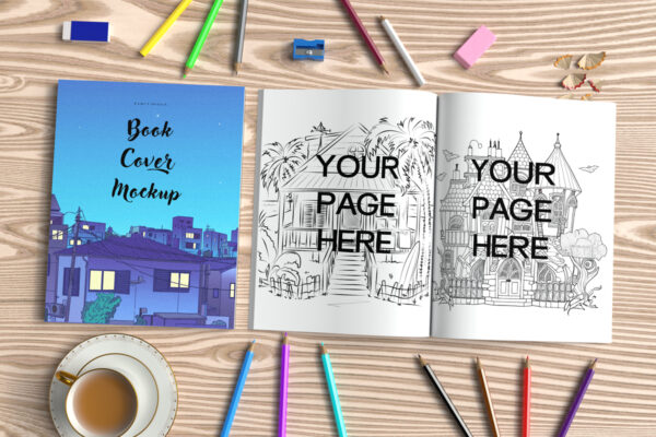 8.5 x 11 Coloring book cover and pages mockup PSD and JPG