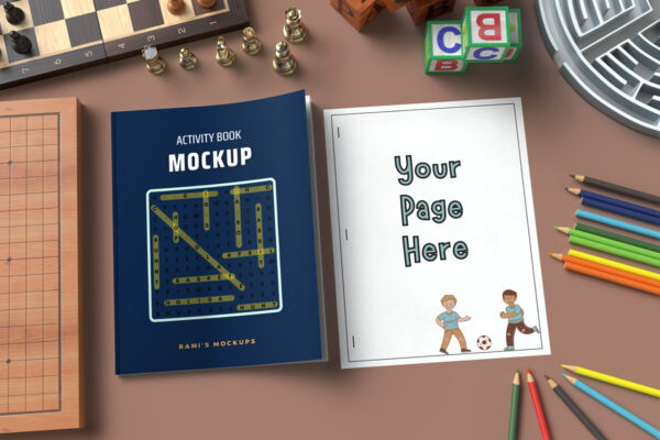 Activity book cover and page mockup