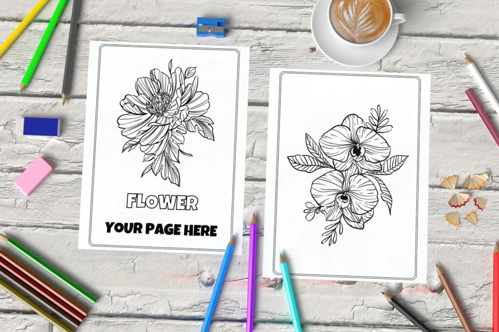 Coloring pages mockup with pencil set and cup of coffee Rami's Design