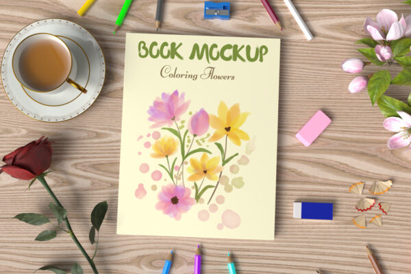 Flowers Coloring Book Cover Mockup PSD and JPG