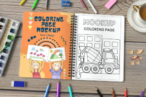 Open spiral coloring book mockup PSD and JPG
