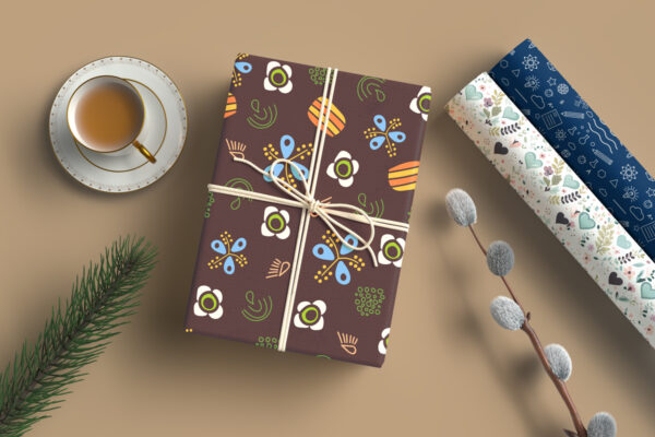 Gift Box and Wrapping Paper Mockup Psd and Jpg