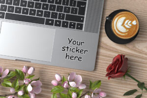 Laptop Adhesive sticker mockup with flowers