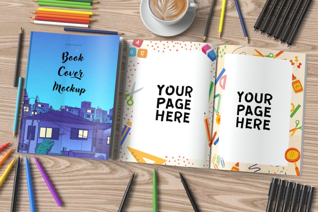 Open and closed book mockup with markers and pencils - Rami's Design