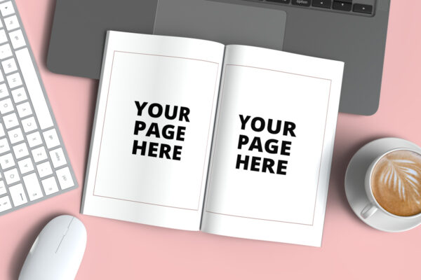 Open 6 X 9 Book Mockup with Laptop
