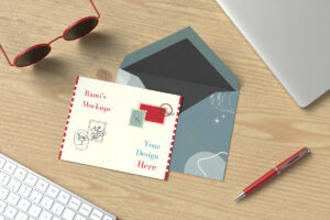Card and open envelope mockup PSD and JPG