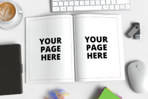 8.5 x 11 Open book mockup with desk elements