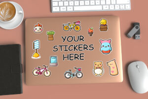 Laptop Stickers Mockup with Desk Elements