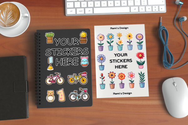 Spiral Notebook and Sheet Sticker Mockup