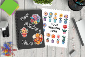 sticker sheet and notebook mockup with desk elements