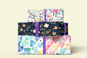 Stack of wrapped gift mockup