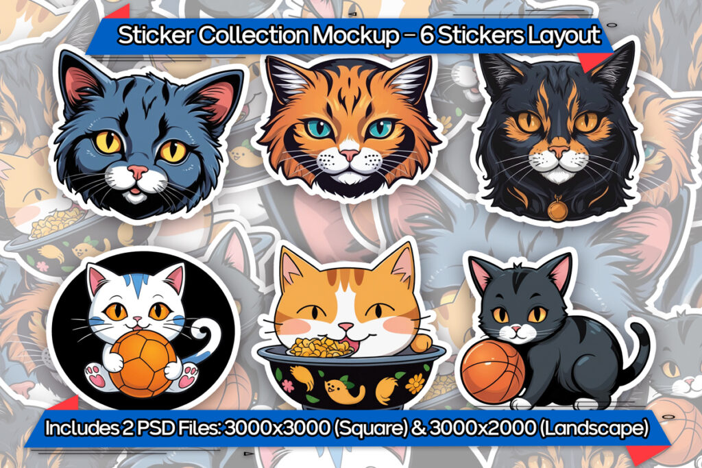 Row Of Six Sticker Pile Mockup